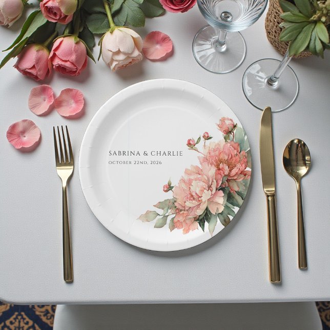 Blush Pink Coral Peony Elegant Feminine Wedding  Paper Plate (Blush Pink Coral Peony Elegant Feminine Wedding Paper Plates)
