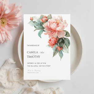 Blush Pink Coral Peony Watercolor Floral Wedding Invitation