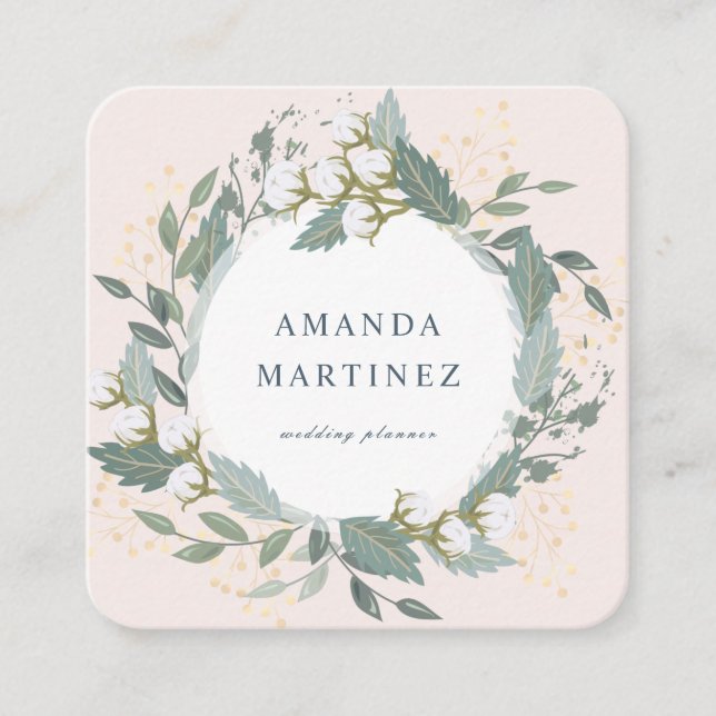 Blush Pink Cotton Wreath Square Business Card (Front)