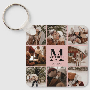 Blush Pink Couple Photo Collage Monogram Gift Keychain