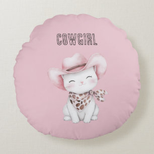 Blush Pink Cowgirl Cat Round Pillow