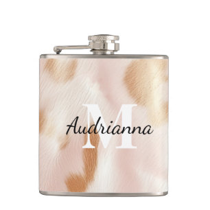 Blush Pink Cowgirl Cowhide Monogram Hip Flask