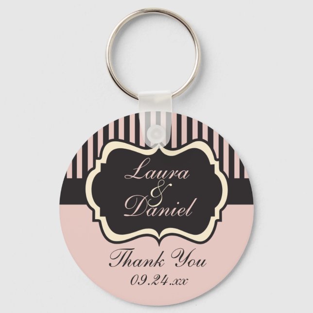 Blush Pink, Cream, and Grey Striped Wedding Favour Keychain (Front)