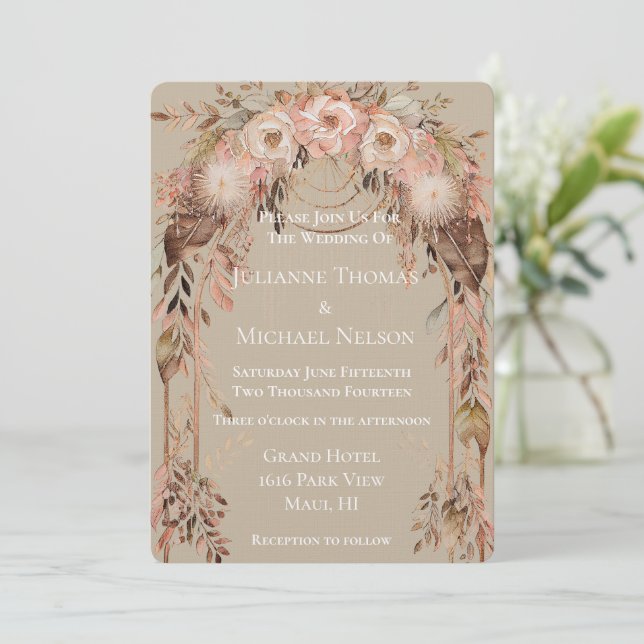 Blush Pink Cream Boho Floral Wedding Arch Invitation (Standing Front)