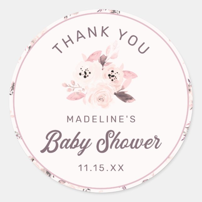 Blush Pink & Cream Floral Baby Shower Thank You Classic Round Sticker (Front)
