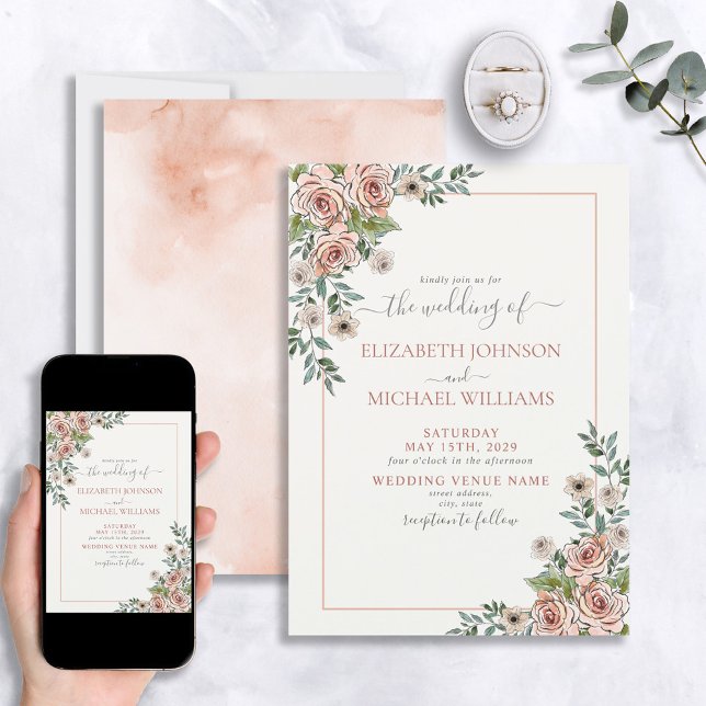 Blush Pink Cream Floral Script Watercolor Wedding Invitation (Creator Uploaded)