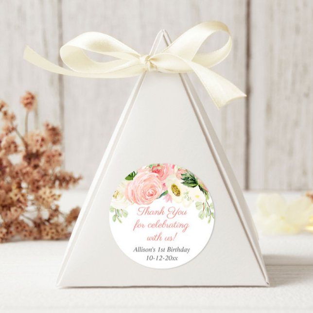 Blush pink cream floral watercolors birthday party classic round sticker (Creator Uploaded)