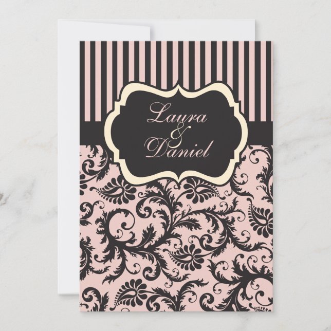 Blush Pink, Cream, Grey Damask Striped Invitation (Front)