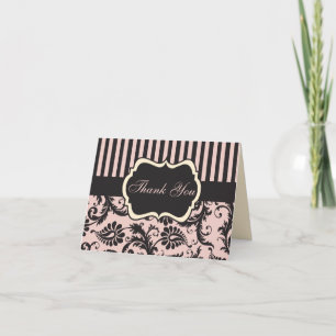 Blush Pink, Cream, Grey Damask Thank You Card