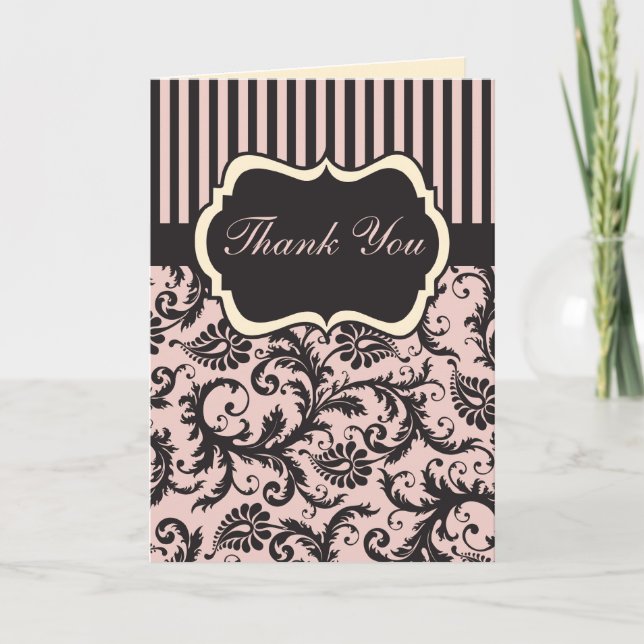 Blush Pink, Cream, Grey Damask Thank You Card II (Front)