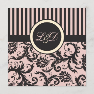 Blush Pink, Cream, Grey Stripe Damask Monogrammed Invitation