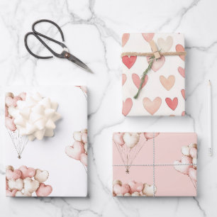 Blush Pink Cream Hearts Balloons Birthday   Wrapping Paper Sheet