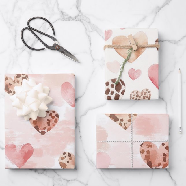 Blush Pink Cream Leopard Hearts Birthday Wrapping Paper Sheet (Front)