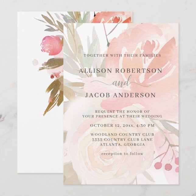 Blush Pink Cream Peach Sage Green Wedding Invitation (Front/Back)