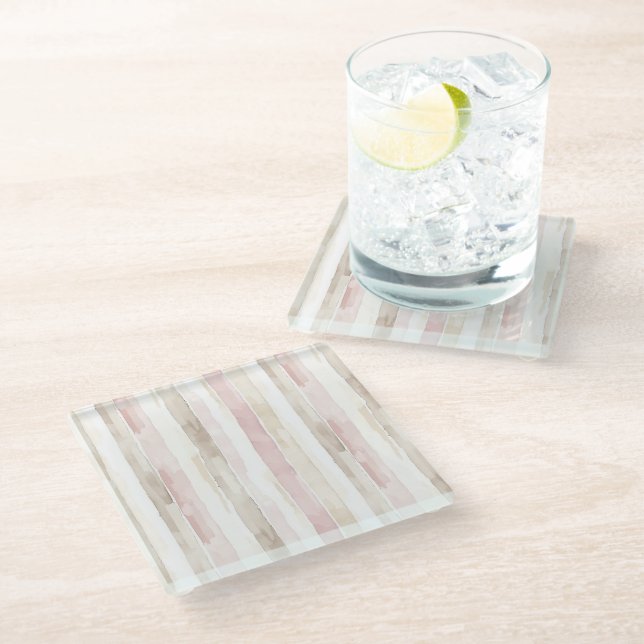 Blush Pink Cream Stripes Glass Coaster (Angled)