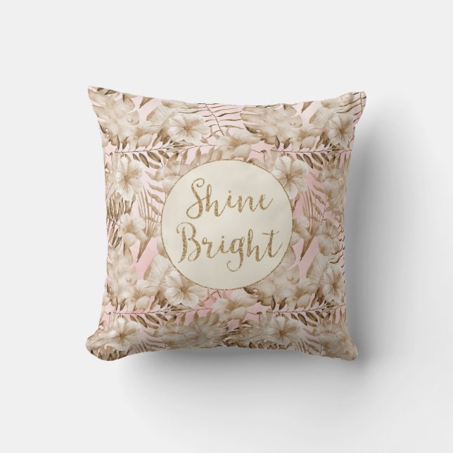 Blush Pink Cream Tropical Leaves Floral Shine Throw Pillow (Front)