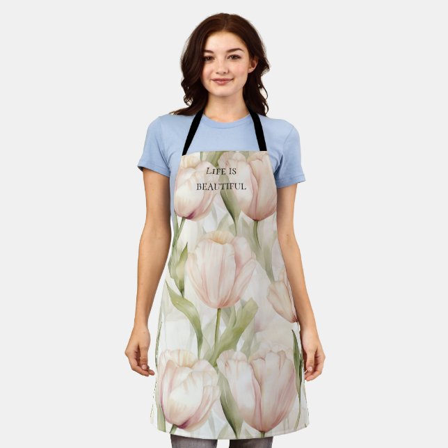 Blush Pink Cream Tulips Floral Bridal Shower Apron (Worn)
