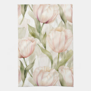 Blush Pink Cream Tulips Floral Bridal Shower Kitchen Towel