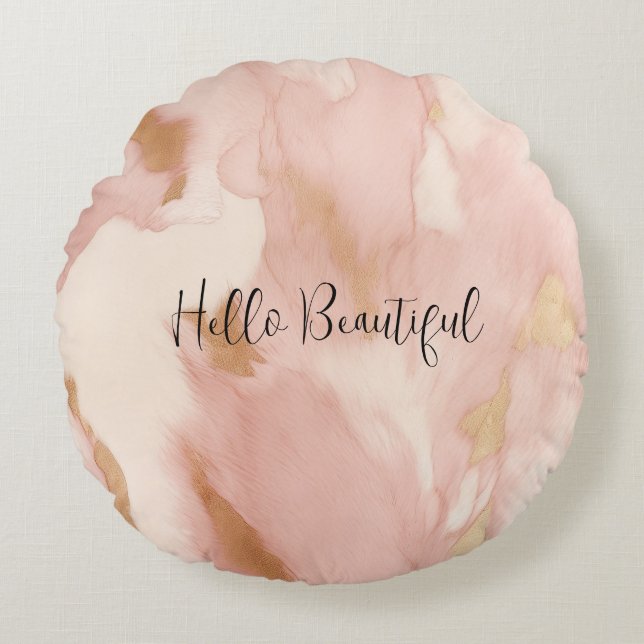 Blush Pink Cream White Gold Cowhide Round Pillow (Front)