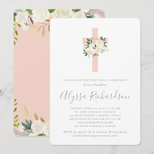 Blush Pink Cross and Flowers First Holy Communion Invitation (Front/Back)