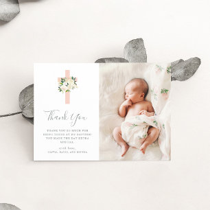 Blush Pink Cross and White Flowers Photo Baptism Thank You Card