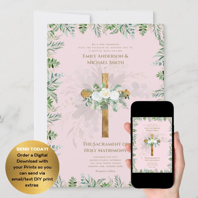 Blush Pink Cross Catholic Nuptial Mass Wedding Invitation (Creator Uploaded)