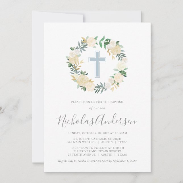 Blush Pink Cross with Cream Florals, Boy Baptism Invitation (Front)