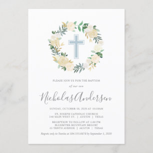 Blush Pink Cross with Cream Florals, Boy Baptism Invitation
