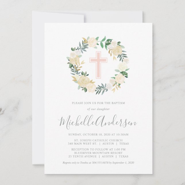 Blush Pink Cross with Cream Florals, Girl Baptism Invitation (Front)