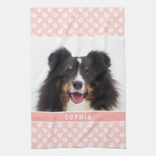 Blush Pink Custom Pet Photo With White Paws & Name Kitchen Towel