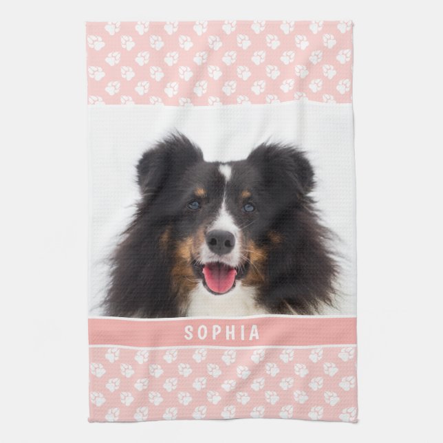 Blush Pink Custom Pet Photo With White Paws & Name Kitchen Towel (Vertical)