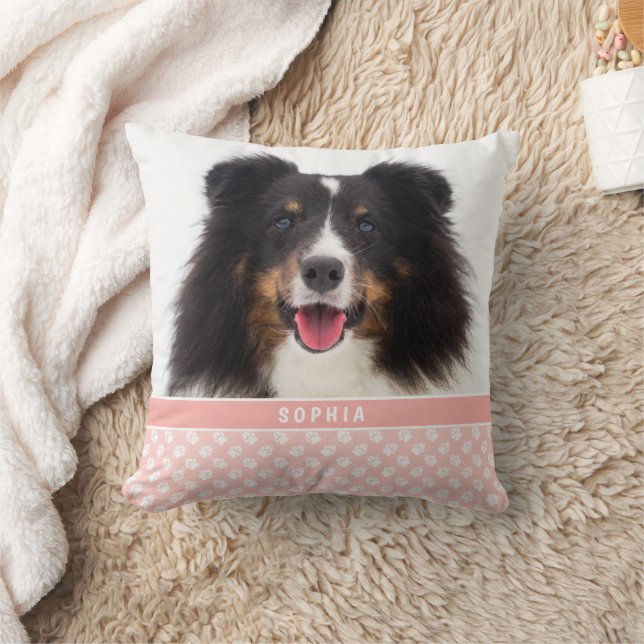 Blush Pink Custom Pet Photo With White Paws & Name Throw Pillow (Blanket)