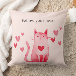 Blush Pink Cute Cat Hearts Throw Pillow