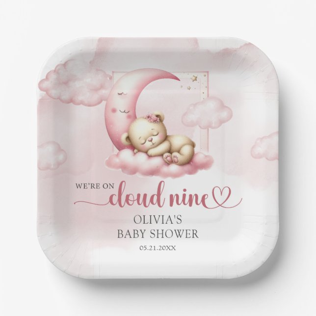 Blush pink cute teddy bear cloud nine girl  paper plate (Front)