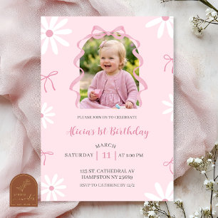 Blush Pink Daisy Bow Girl 1st Birthday with photo Invitation