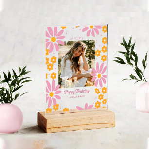 Blush Pink Daisy Florals Happy Birthday Photo  Acrylic Sign
