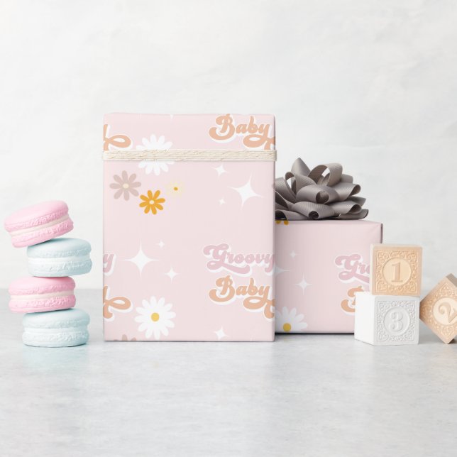 Blush Pink Daisy Groovy Baby Wrapping Paper (Baby Shower)