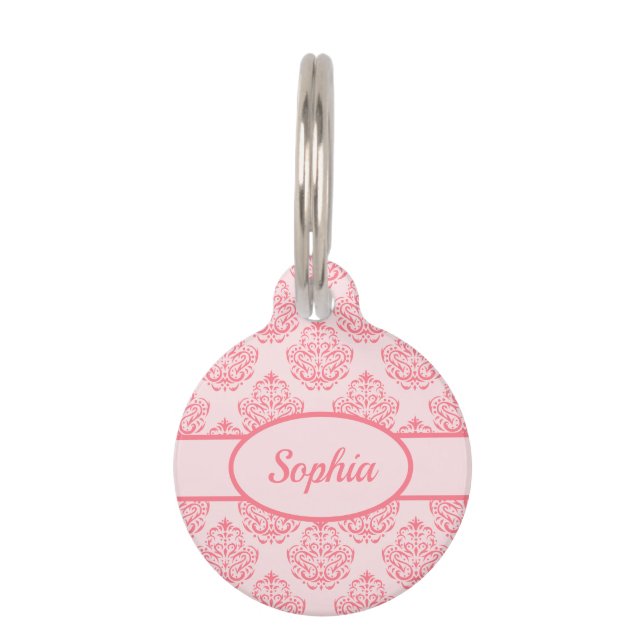 Blush Pink Damask Pattern & Custom Pet Info Tag (Front)