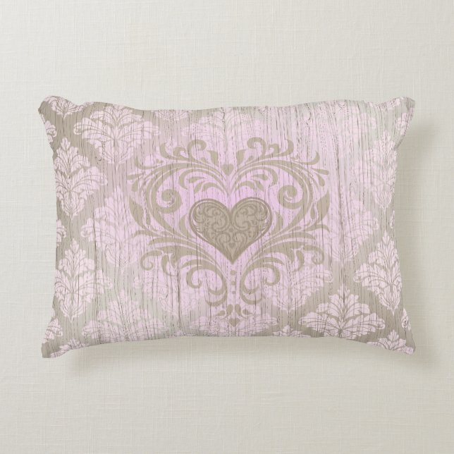 Blush Pink Damask With Heart  Accent Pillow (Front)