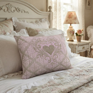 Blush Pink Damask With Heart Accent Pillow