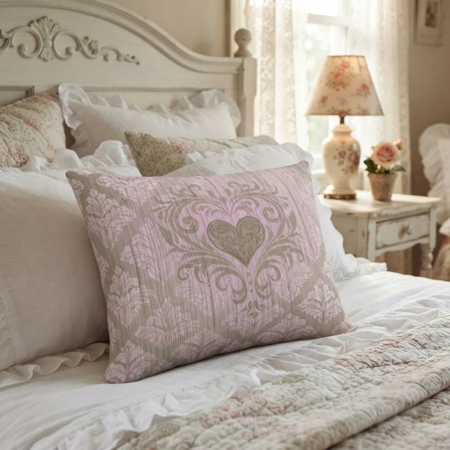 Blush Pink Damask With Heart  Accent Pillow (Creator Uploaded)