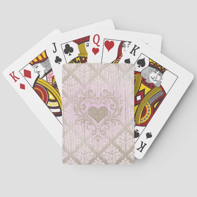 Blush Pink Damask With Heart  Playing Cards (Back)