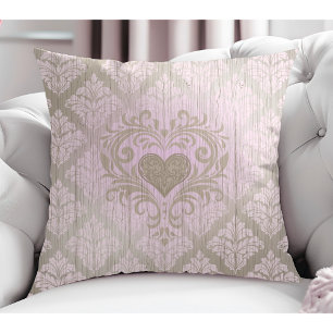 Blush Pink Damask With Heart  Throw Pillow