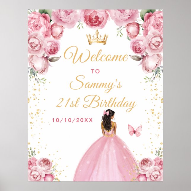 Blush Pink Dark Skin Princess Birthday Welcome Poster (Front)