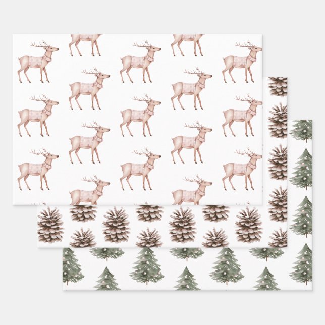 Blush Pink Deer Pine Cones Christmas Trees Wrapping Paper Sheet (Set)