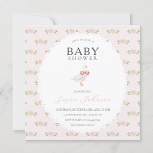Blush Pink Delicate Floral White Goose Baby Shower Invitation
