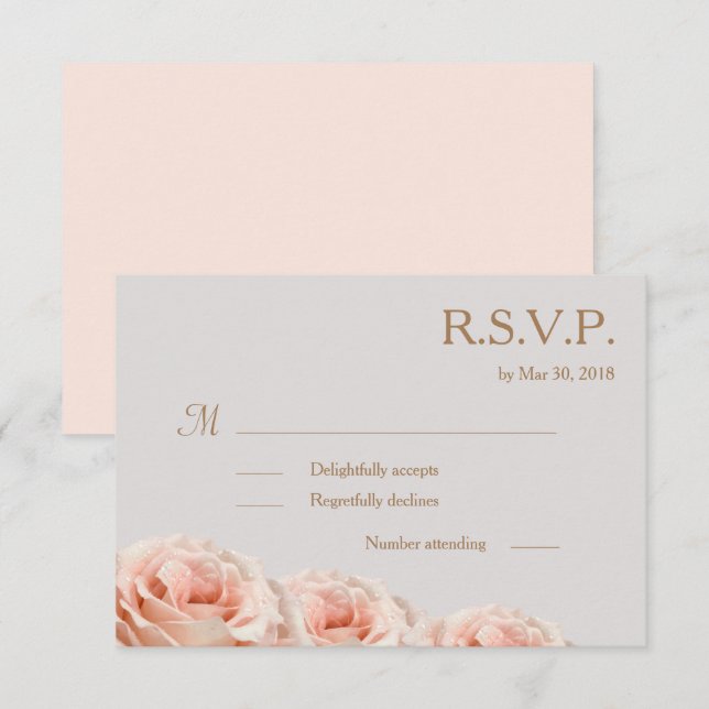 Blush Pink Dewy Roses Floral Grey Wedding RSVP Invitation (Front/Back)