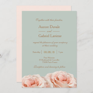 Blush Pink Dewy Roses Floral Sage Gold Wedding Invitation