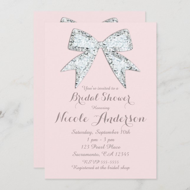 Blush Pink Diamond Bling Bow Glam Bridal Shower Invitation (Front/Back)