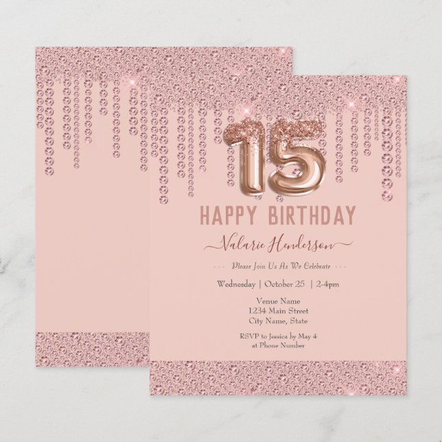 Blush Pink Diamond Drips Happy 15th Birthday (Front/Back)